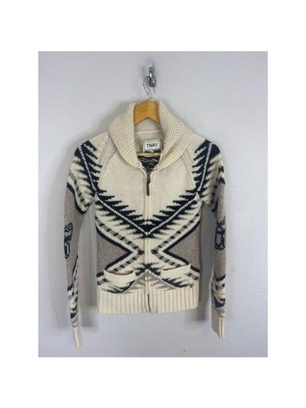 TNA Aritzia Sea-To-Sky Lambswool Zip Up Cowichan Sweater Cream Tan Small